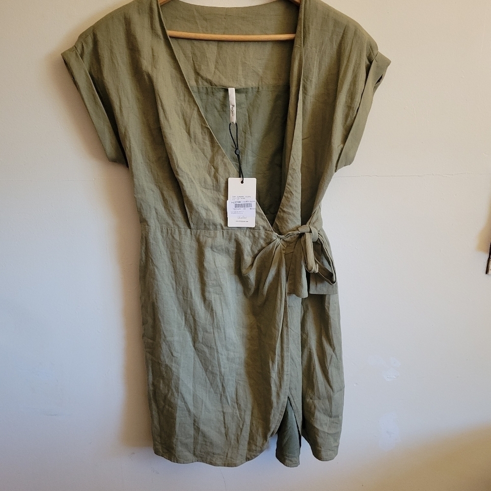 NWT Pepe Jeans Wrap Mini Dress Green Lined Linen Viscos Extra Small XS